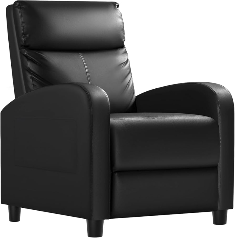 Recliner Chair Black Leather Tapered Legs Slim Profile