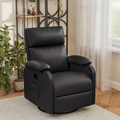 Recliner Chair Black Swivel Base Leather Look with Side Pocket