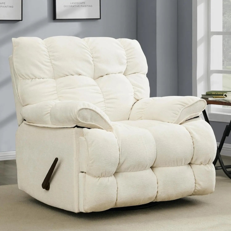 Recliner Chair Block Tufting Off-White Oversized Plush Manual