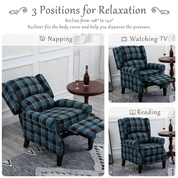 Recliner Chair Blue Plaid Wingback Manual Footrest Traditional Reading