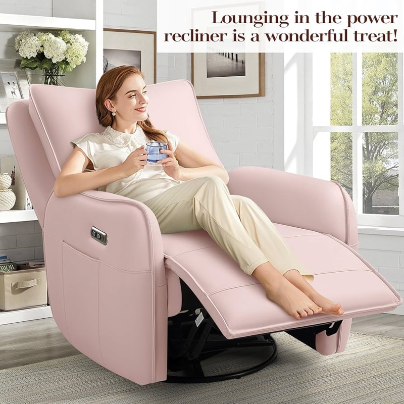 Recliner Chair Blush Pink Power Swivel With Side Pocket Modern