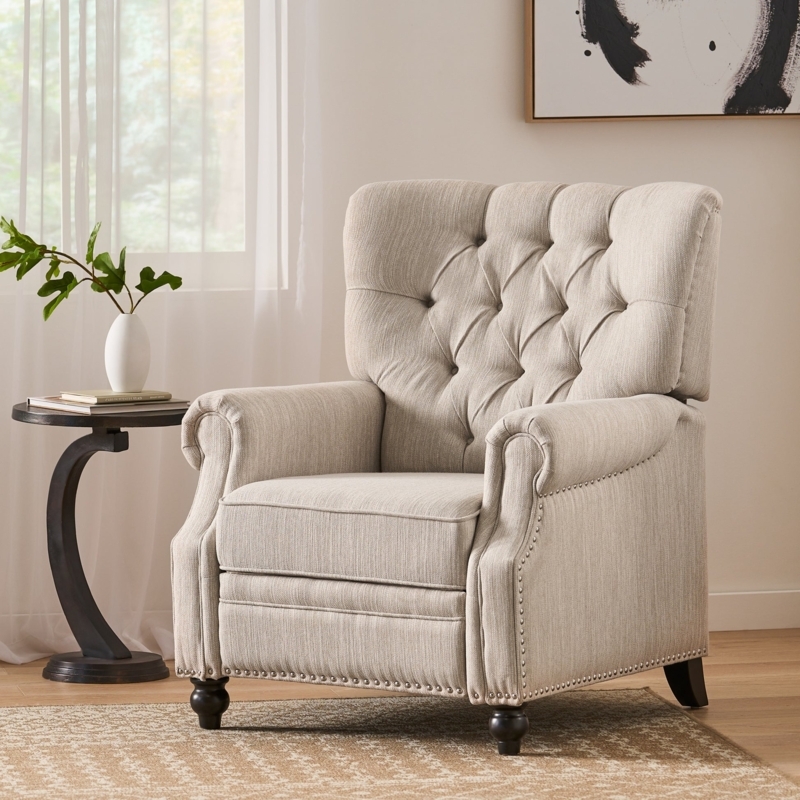 Recliner Chair Button Tufting Nailhead Trim Rolled Arms Linen Look
