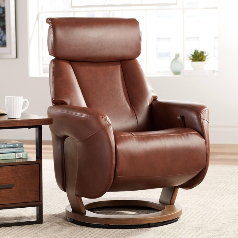 Recliner Chair, Circular Wood Base, Adjustable Headrest, Modern