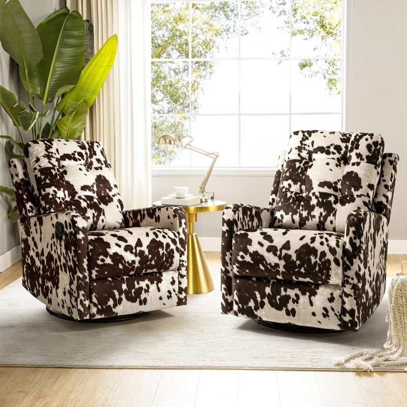 Recliner Chair Cowhide Print Swivel Rocker Tufted Back