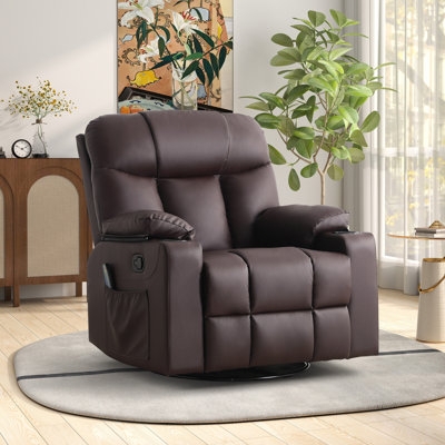 Recliner Chair Dark Brown Leather-like Swivel Base Cupholders