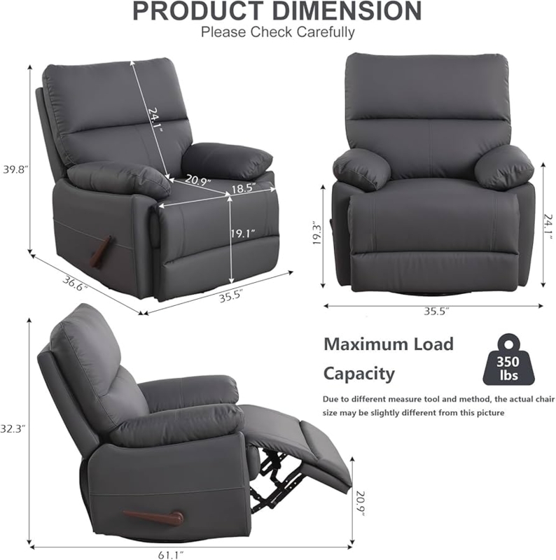 Recliner Chair Dark Grey 360 Swivel Base 350 Lb Capacity Leather Like