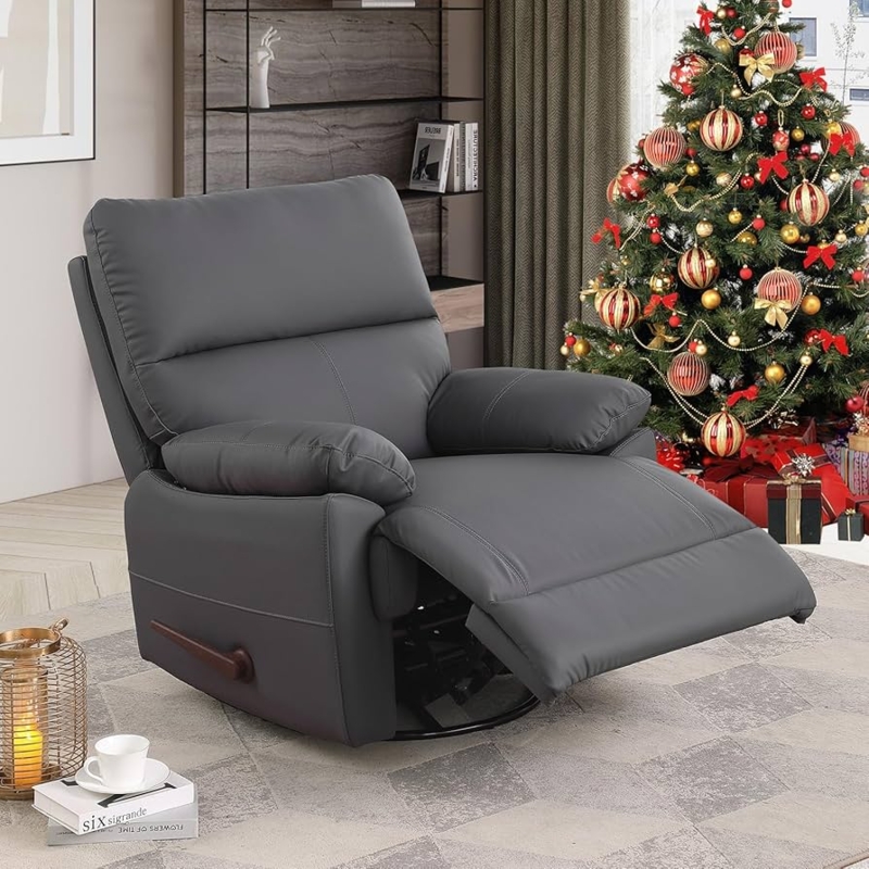 Recliner Chair Dark Grey Swivel Rocker Base Wood Toned Lever