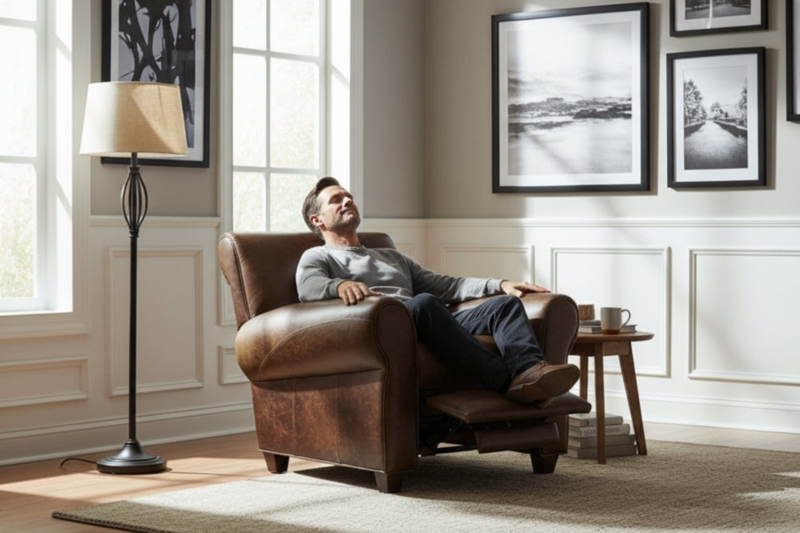 Recliner Chair, Distressed Leather Finish, Rolled Arm Silhouette