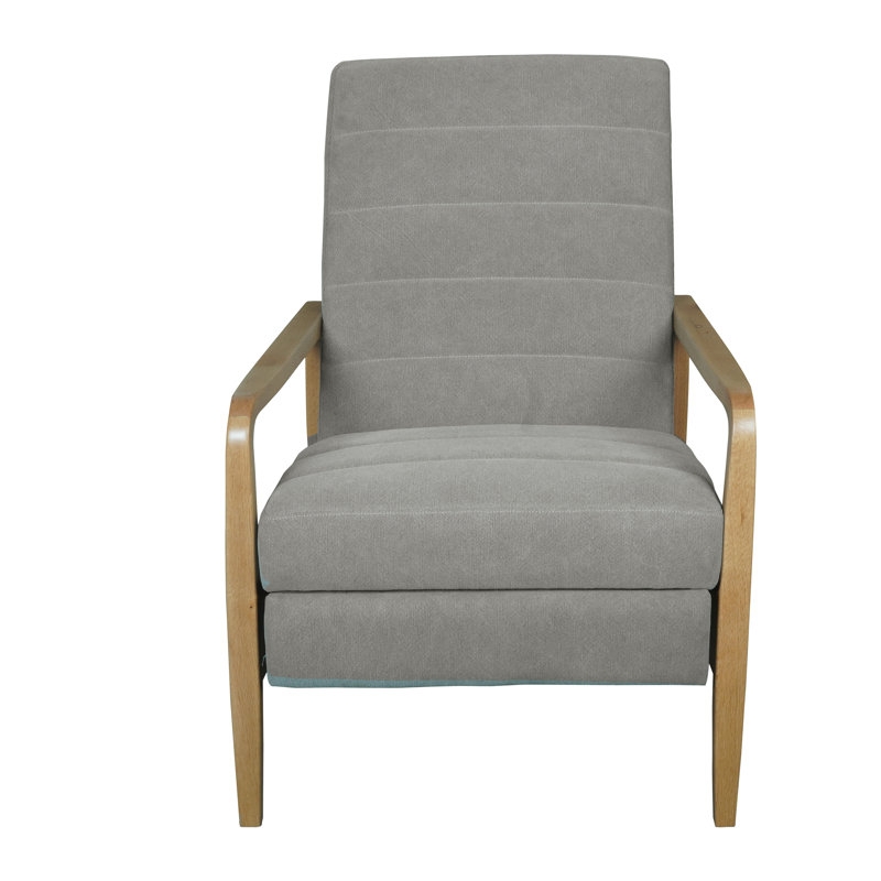 Recliner Chair Gray Woven Fabric, Horizontal Channel Tufting & Wood Arms