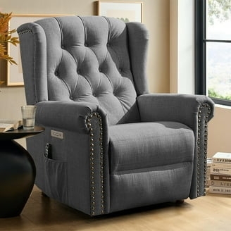 Recliner Chair Grey Power Lift Button Tufted Nailhead Trim Traditional