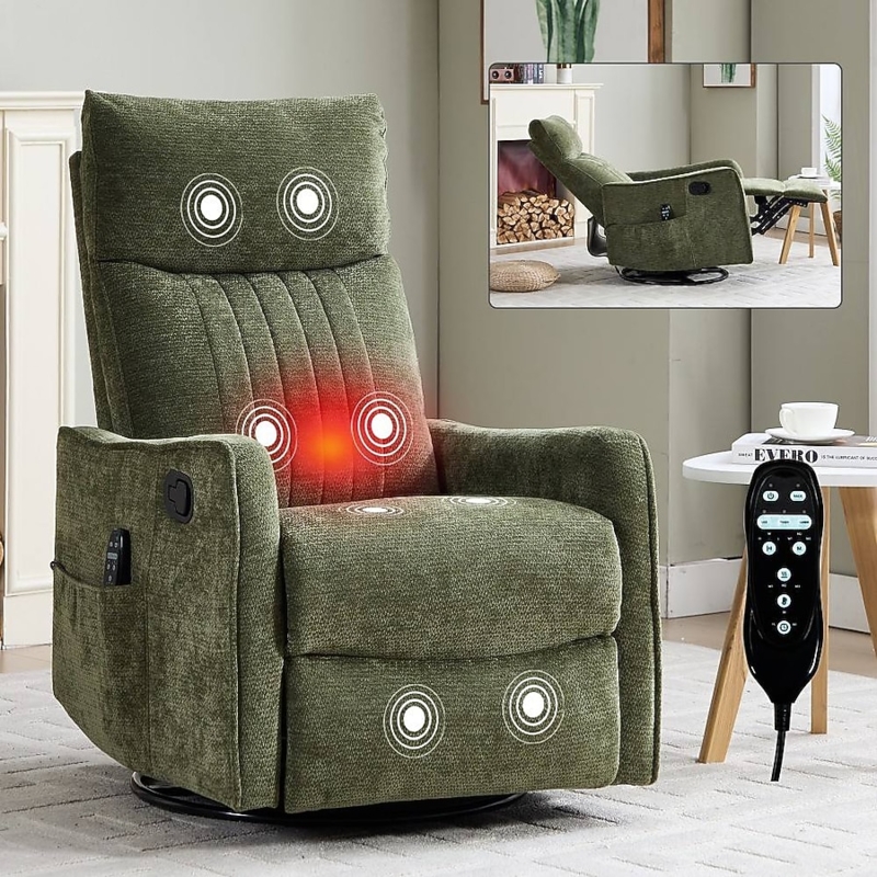 Recliner Chair Heat Massage Function Swivel Rocker Olive