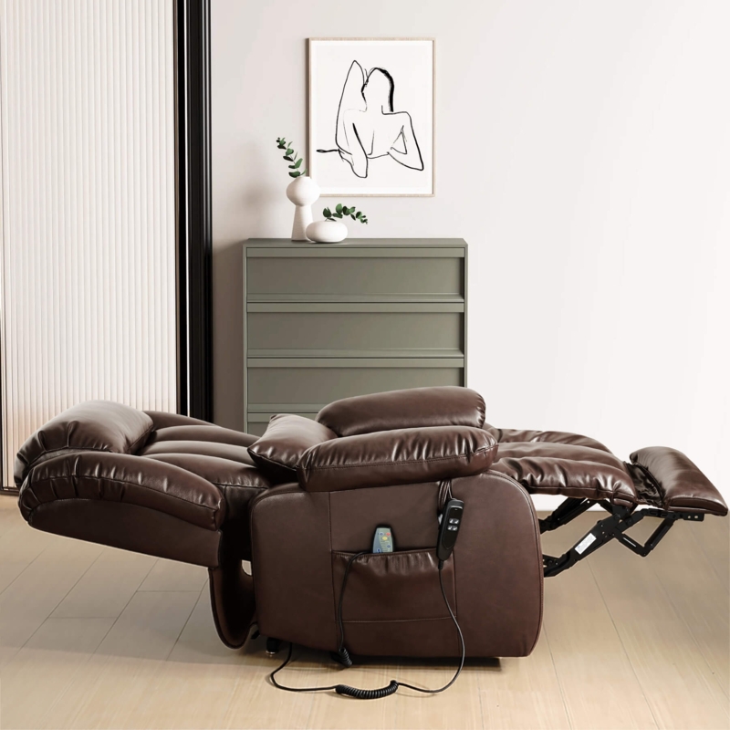 Recliner Chair in Brown Leather with Overstuffed Cushioning & Remote