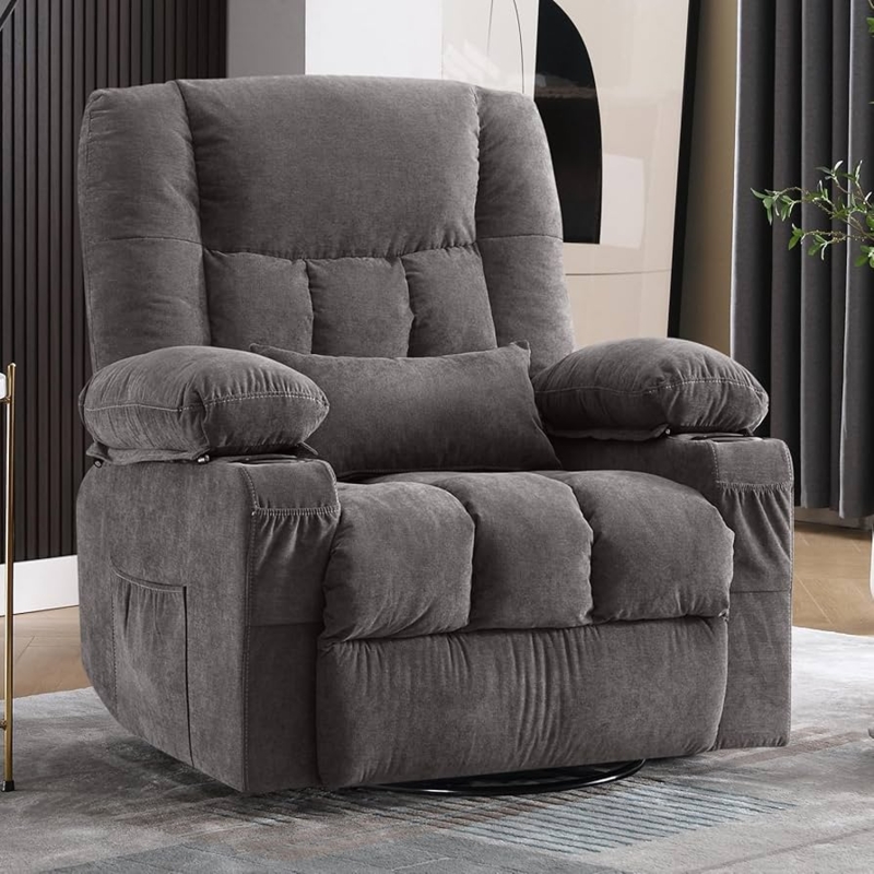 Recliner Chair in Charcoal Gray Soft Weave Fabric with Cup Holders