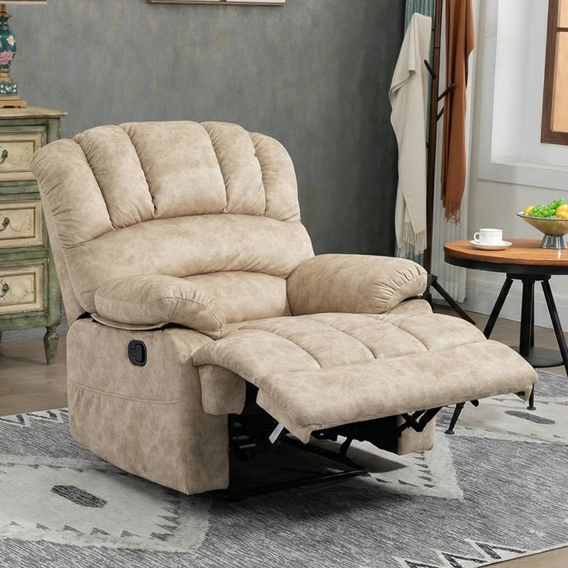 Recliner Chair Manual Beige Textured Fabric Integrated Footrest