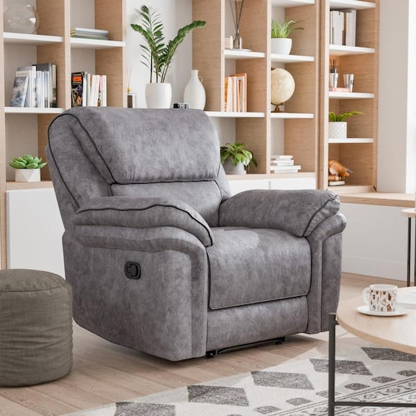 Recliner Chair Manual Gray Microsuede Overstuffed Pull Lever