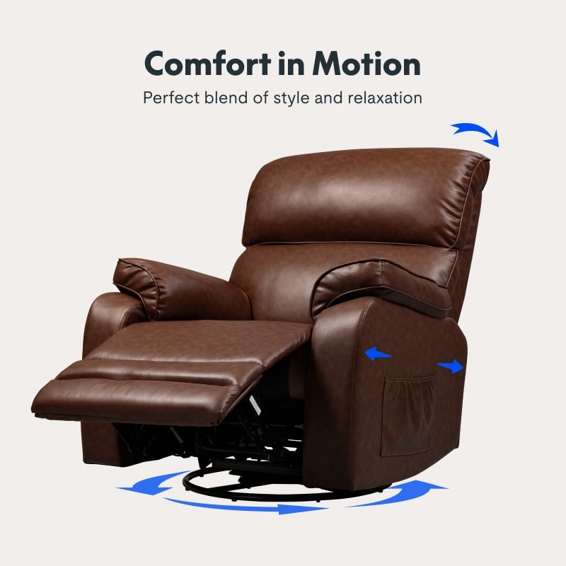 Recliner Chair Manual Swivel Rocker with Side Pocket, Brown Leatherette