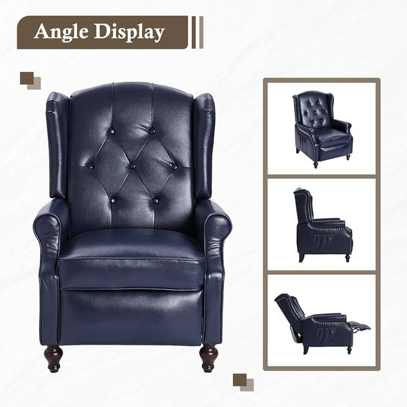Recliner Chair, Navy Blue Leather-Like, Diamond Tufting, Push Back Recline