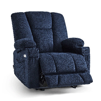 Recliner Chair Navy Blue Nubby Texture with Power Recline and Side Pocket