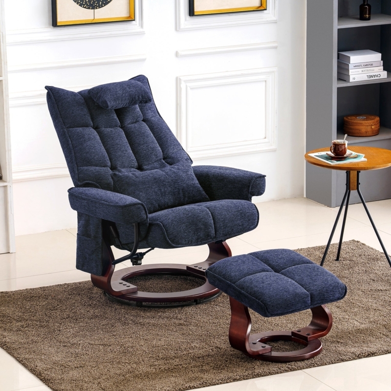 Recliner Chair Navy Blue Swivel Textured Fabric Side Pocket