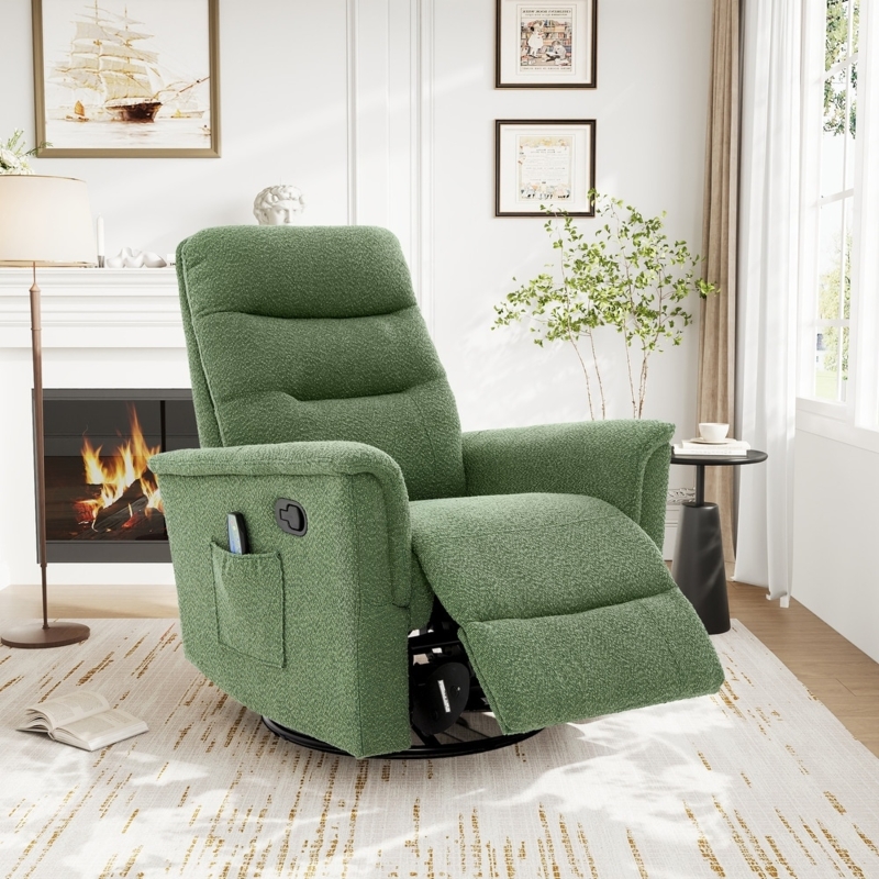 Recliner Chair Nubby Chenille Texture Swivel Rocker Base Green