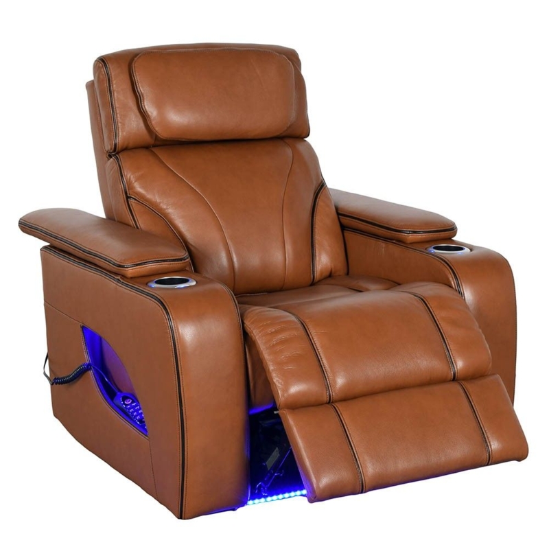 Recliner Chair Nutmeg Leather-Like Power Recline Blue LED Cup Holders