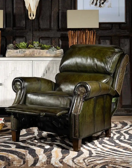 Recliner Chair Olive Green Leather Like Western Style Patterned Sides