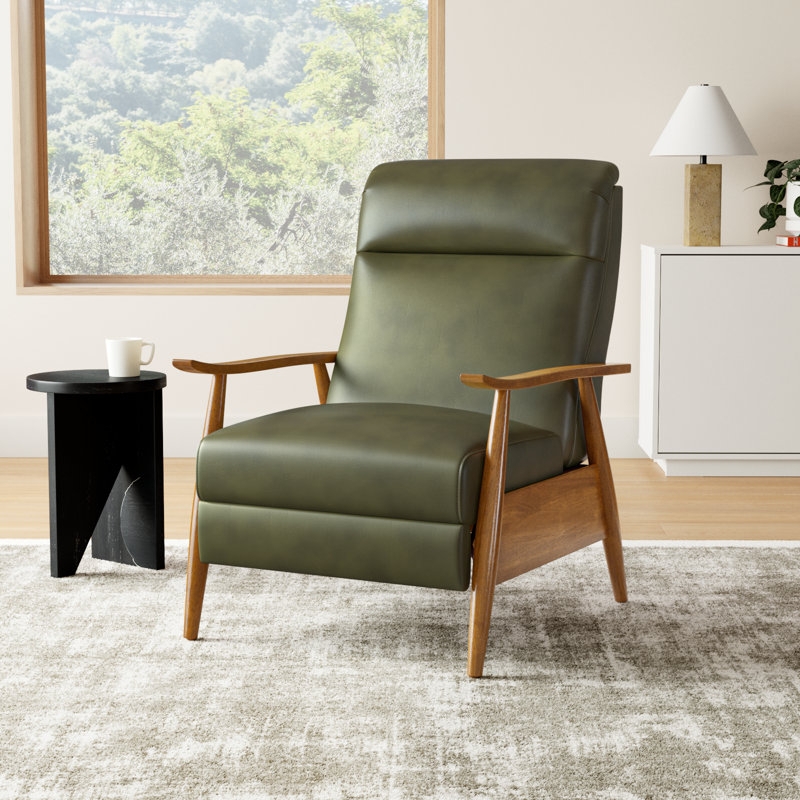 Recliner Chair Olive Green Leather with Sculpted Wood Arms, Mid Century