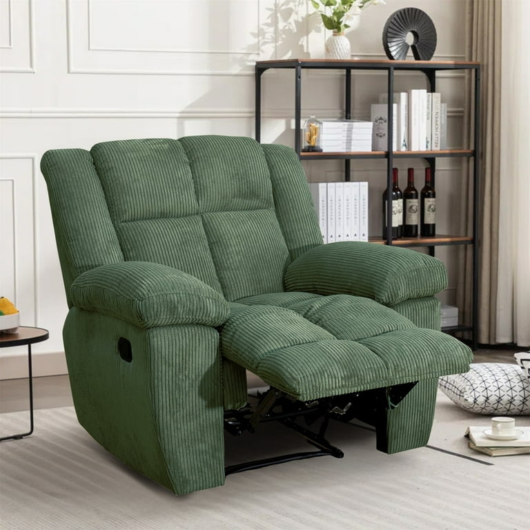 Recliner Chair Oversized Forest Green Corduroy Fabric Overstuffed Arms