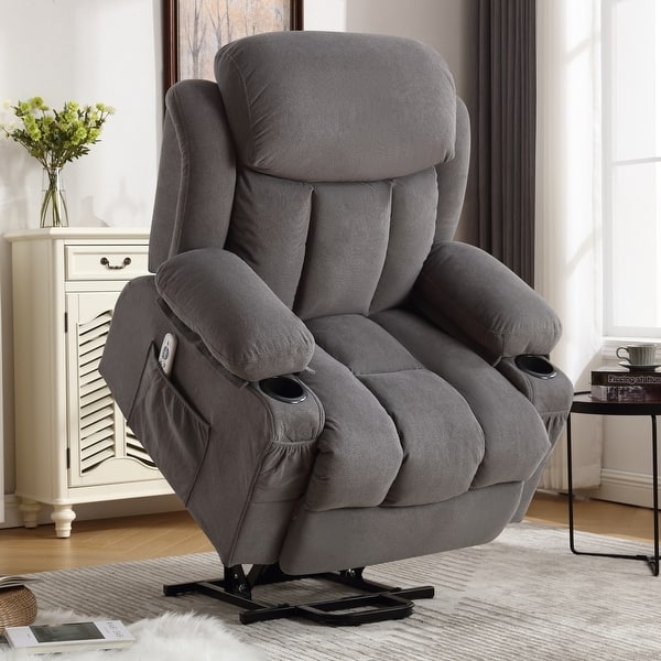 Recliner Chair Power Lift Mechanism Dual Cup Holders Grey Plush Back