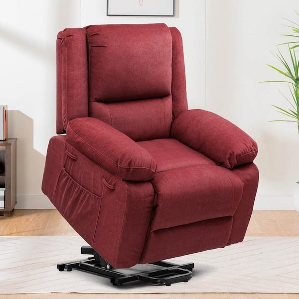 Recliner Chair Red Power Lift Mechanism Pillow Top Arms Side Pockets