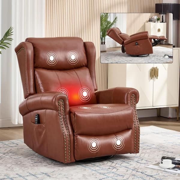 Recliner Chair Reddish Brown Leather Like Nailhead Trim Heated Massage