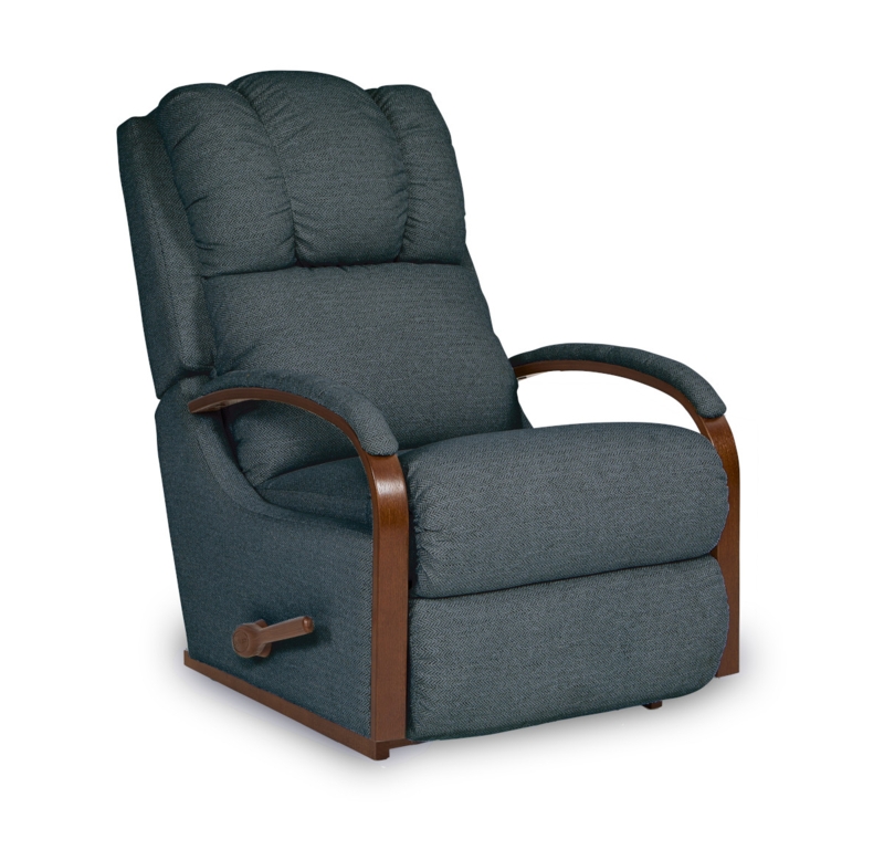 Recliner Chair Slate Blue Rocker, Curved Wood Arms Traditional Style