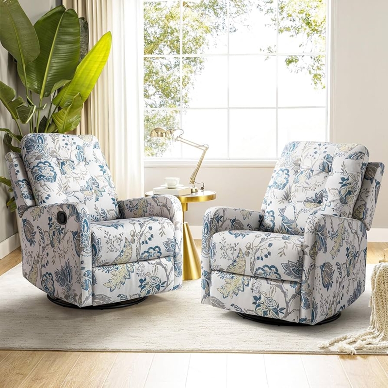 Recliner Chair Swivel Rocker Blue Floral Botanical Tufted Back Set