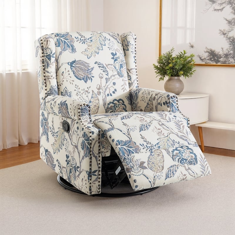 Recliner Chair Swivel Wingback Blue Botanical Floral Nailhead Trim Manual
