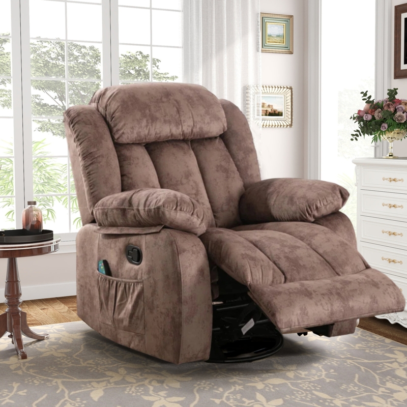 Recliner Chair Taupe Brown Microfiber Swivel Rocker Sueded Texture