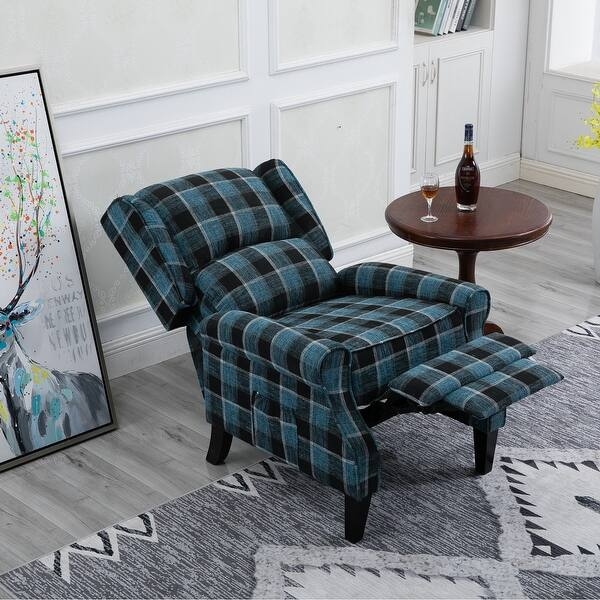 Recliner Chair Wingback Blue Plaid Manual Side Pocket Tapered Legs
