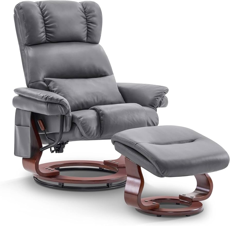 Recliner Chair with Circular Wood Base in Grey Swivel Recliner Set