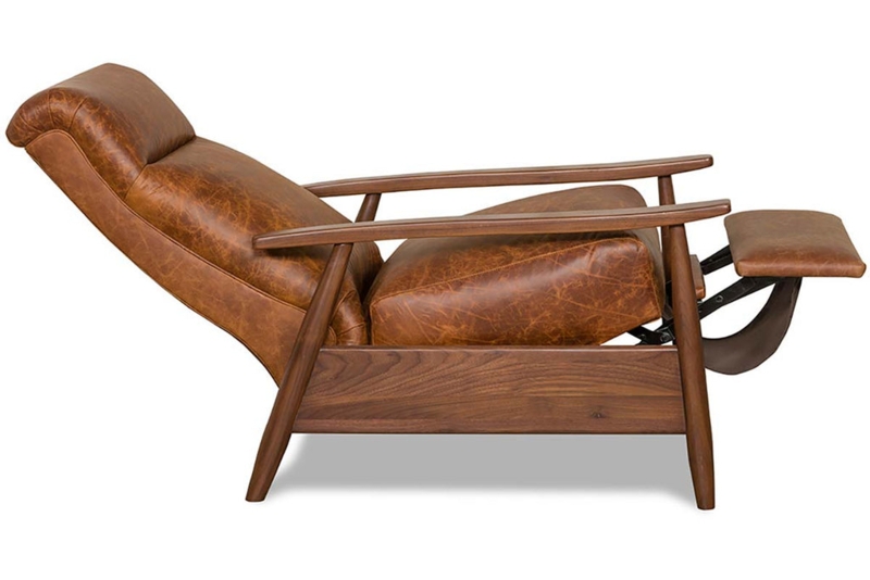 Recliner Chair with Open Wood Frame, Tan Leather Like, Mid Century Style