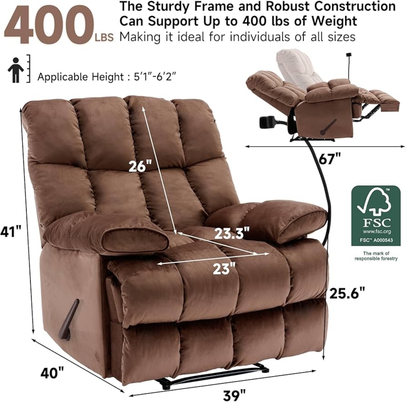 Recliner Chair with Segmented Cushioning and Manual Pull Lever