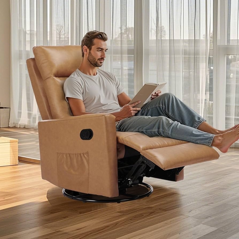 Recliner Chair with Side Pocket, Tan Swivel Base Nursery Glider