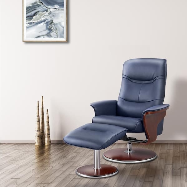 Recliner Chair Wood Toned Side Panels Leather Like with Ottoman