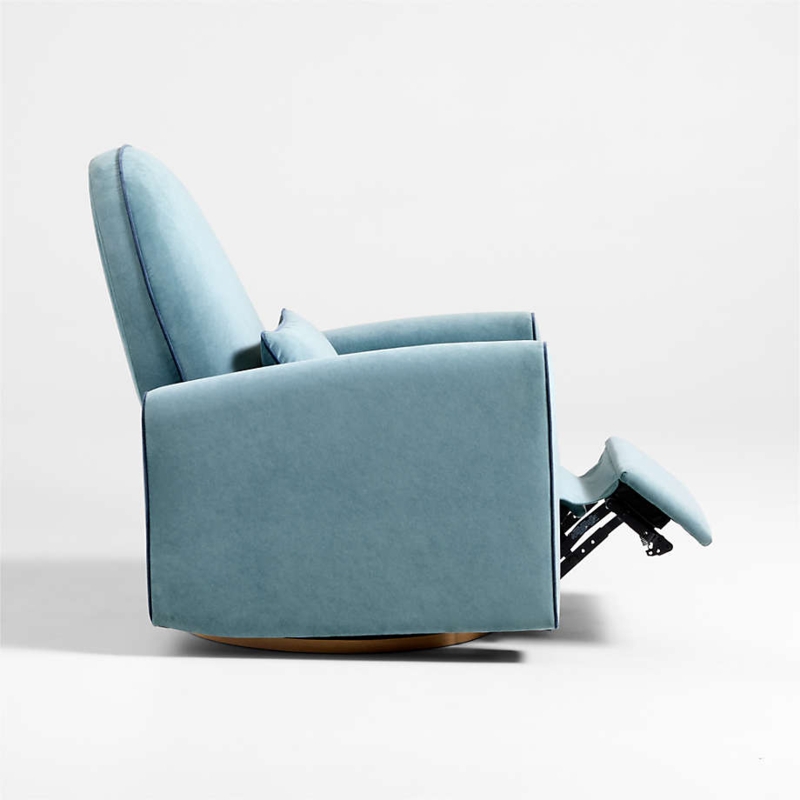 Recliner Chair Wooden Swivel Base Ocean Blue Velvet, Modern Nursery