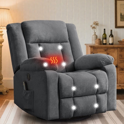 Recliner Charcoal Grey Fabric Swivel Heat And Massage Indicators