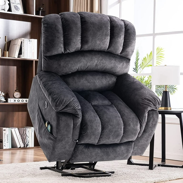 Recliner Charcoal Grey Plush Fabric Segmented Back Power Lift Base