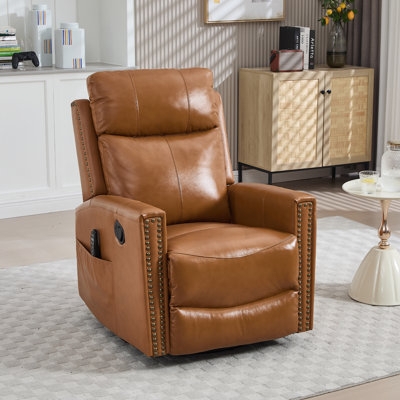 Recliner Cognac Leather-like Rocker Nailhead Trim Vintage Style