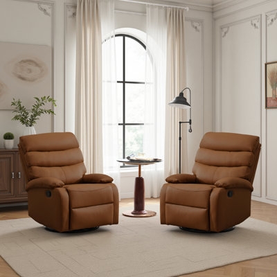 Recliner Cognac Leather-Like Swivel with Tiered Back Cushions