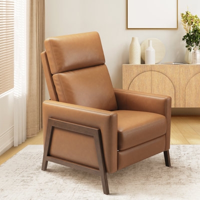 Recliner Cognac Leather Look Geometric Wood Frame Push Back Mechanism