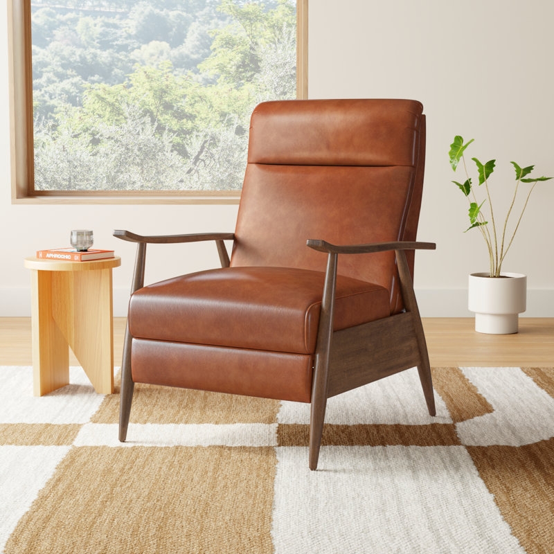 Recliner Cognac Leather with Flared Wooden Arms, Mid Century Push Back
