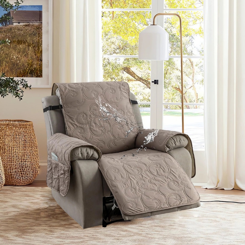 Recliner Cover Taupe Scroll Quilted Pattern Waterproof