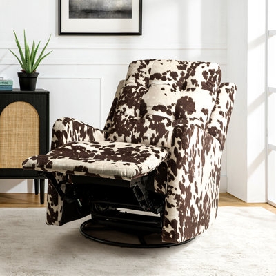 Recliner Cow Print Upholstery Swivel Rocker Base Boho Accent Chair (70)